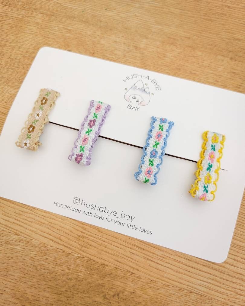 Embroidered hair clips, Baby Hair Clips, Fringe Clips, Toddler Hair Clips, Hair Clip Set, Embroidered Ribbon, Vintage Hair Clips, Barrettes