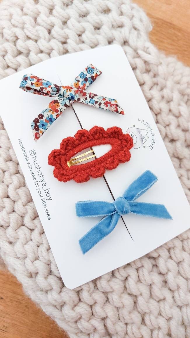 Baby Hair Clips, Crochet Hair Clips, Knitted Hair Clips, Girls Hair Clips, Toddler Hair Clips, Hair Clip Set, Stocking Filler, Liberty Bows