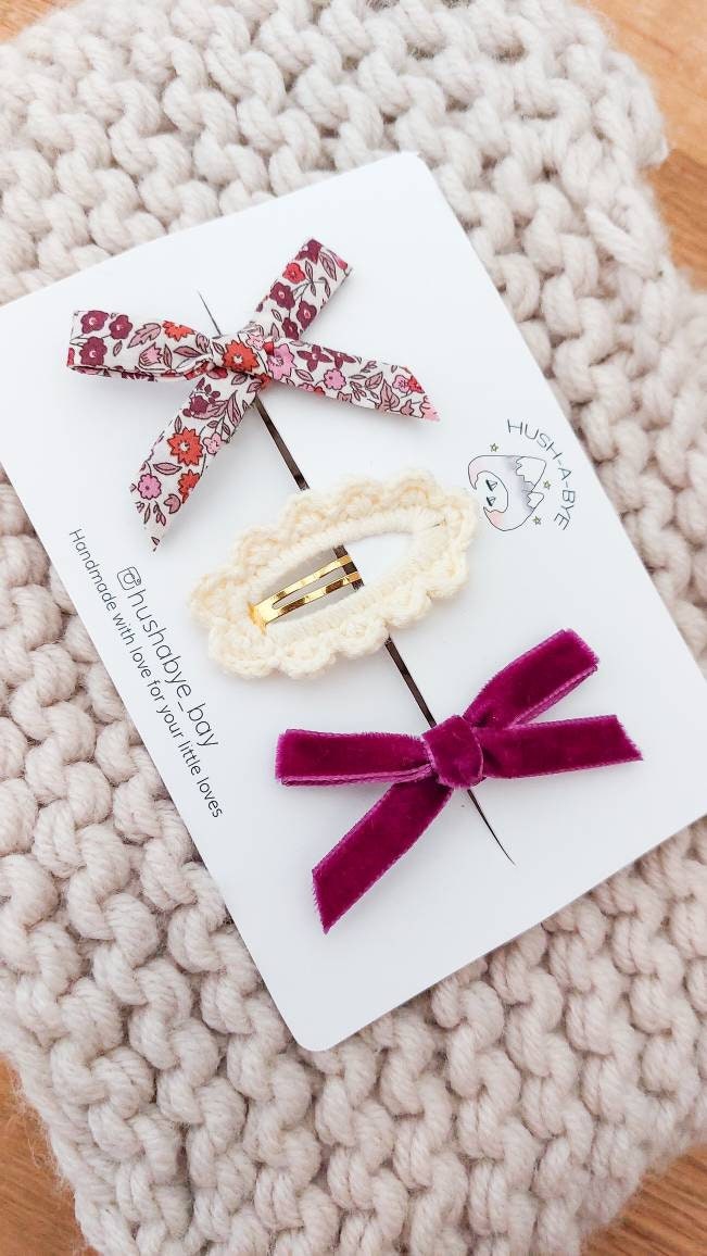Baby Hair Clips, Crochet Hair Clips, Knitted Hair Clips, Girls Hair Clips, Toddler Hair Clips, Hair Clip Set, Stocking Filler, Liberty Bows