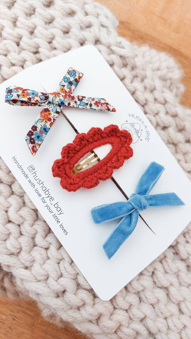 Baby Hair Clips, Crochet Hair Clips, Knitted Hair Clips, Girls Hair Clips, Toddler Hair Clips, Hair Clip Set, Stocking Filler, Liberty Bows