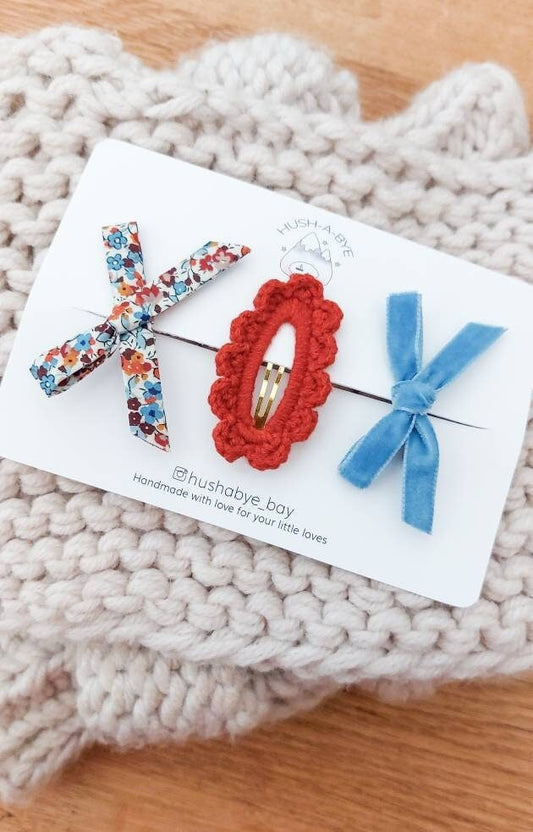 Baby Hair Clips, Crochet Hair Clips, Knitted Hair Clips, Girls Hair Clips, Toddler Hair Clips, Hair Clip Set, Stocking Filler, Liberty Bows